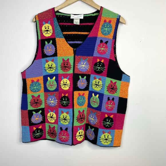 Vintage Y2K Susan Bristol Rainbow Cat Cats Crochet Embroidered Sweater Vest 2X - Picture 1 of 12